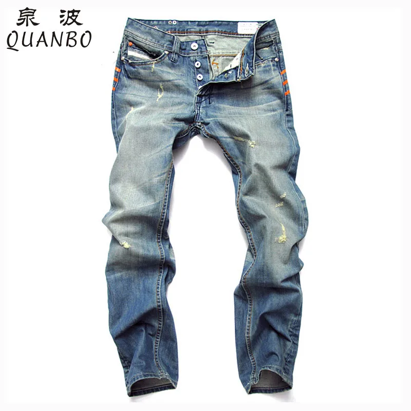Мужские джинсы, дизайн, модный Байкерский подиум, хип-хоп облегающие джинсы с дырками и офсетным принтом, потертые джинсы, мужские рваные джинсы
