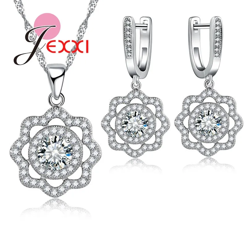  Elegant Bridal Wedding Jewelry Sets 925 Sterling Silver Cubic Zirconia Stone Flower Pendant Necklace Earrings Bijoux | Украшения и