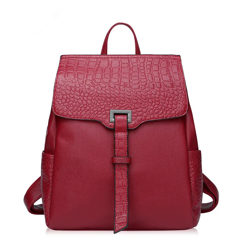 Wine red genuine leather women backpack designer crocodile embossed