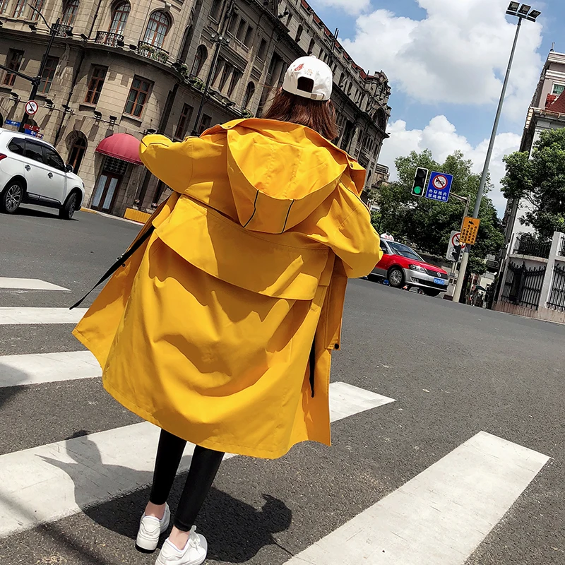 Femelle 2018 Femmes Capuchon De Lâche Jaune À Nouvelle Zipper Tranchée Printemps Long Blousons Automne Yellow Occasionnel Manteau rRqrwC8t