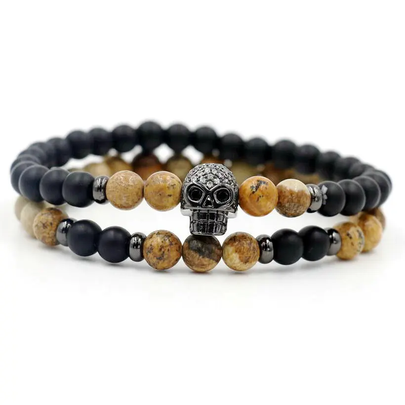 2pcs/set Mala Onyx Stone Strand Bracelet Men Copper Micro CZ Skull Head Energy Bracelets For Couples Women Lucky Buddha Jewelry | Украшения