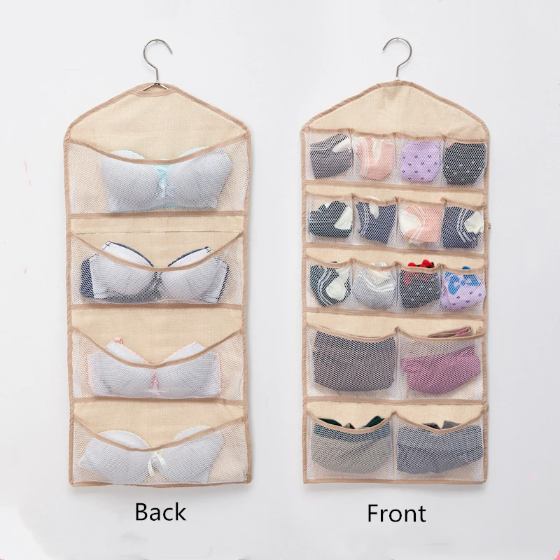 Quality Double 4+16 Cells Side Hanging Organizer 5 Colors Bra Underwear Socks Storage Bag With Hanger Home Tidy Wardrobe Storage