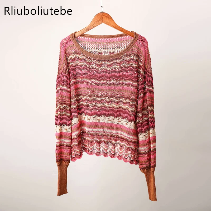 

Multicolor Hollow Out Sweater Women O Neck Long Sleeve Dropped Shoulder Casual Knitted Pullover Loose Sweater European Style
