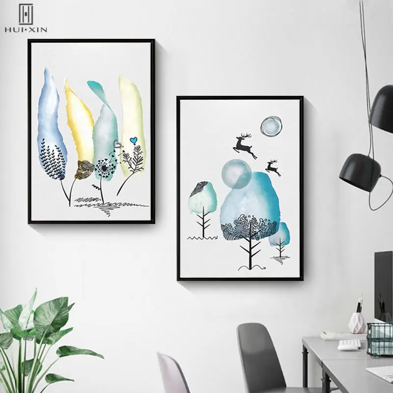 Creative Landscape Blue Mountain Rainy Day Flying Deers Trees HD Unframed Decorative Paintings For Living Room Home Decor