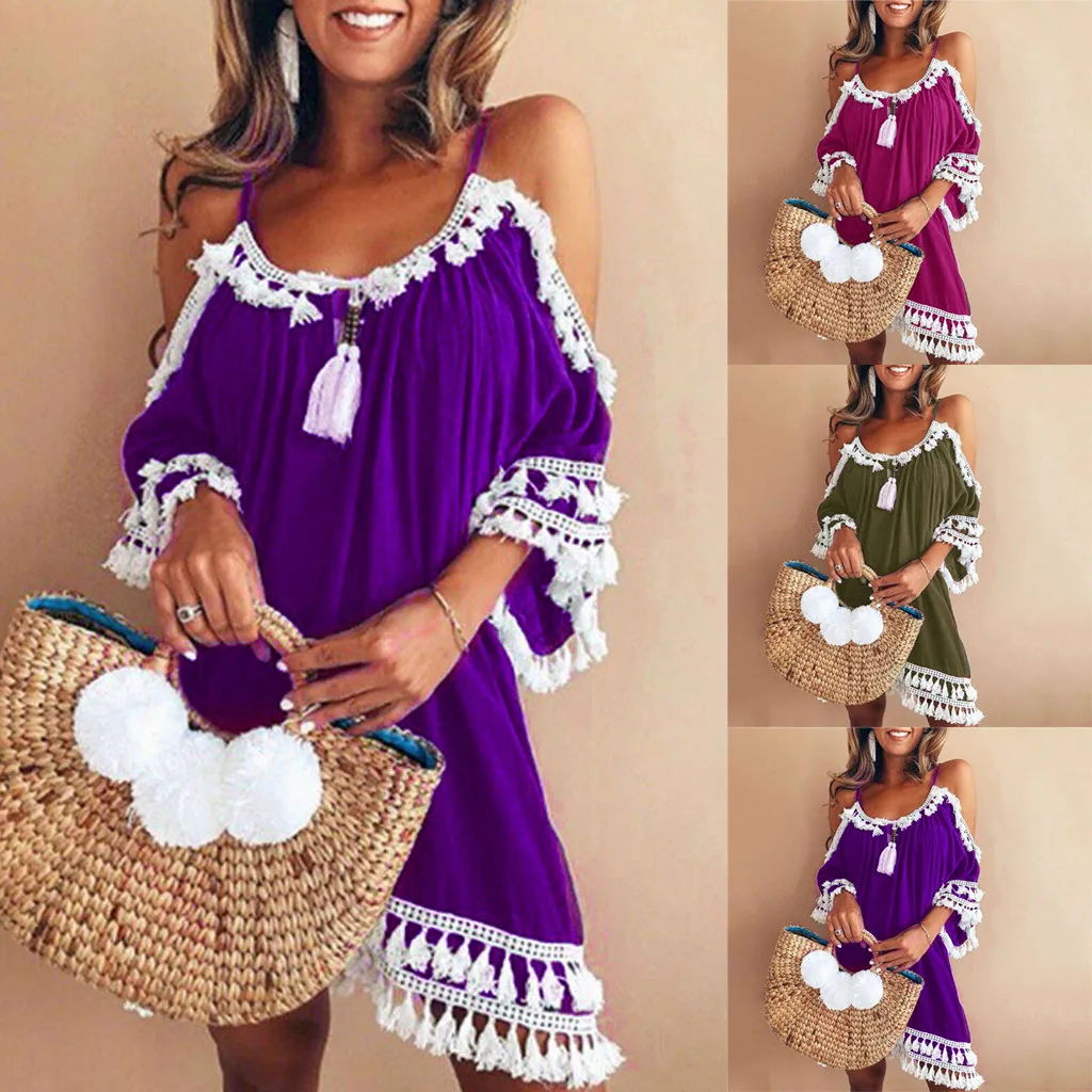 Hot Sale Fashion Women Off Shoulder Dress Tassel Short Cocktail Party Beach Dresses Sundress sexy vestidos playa robe de