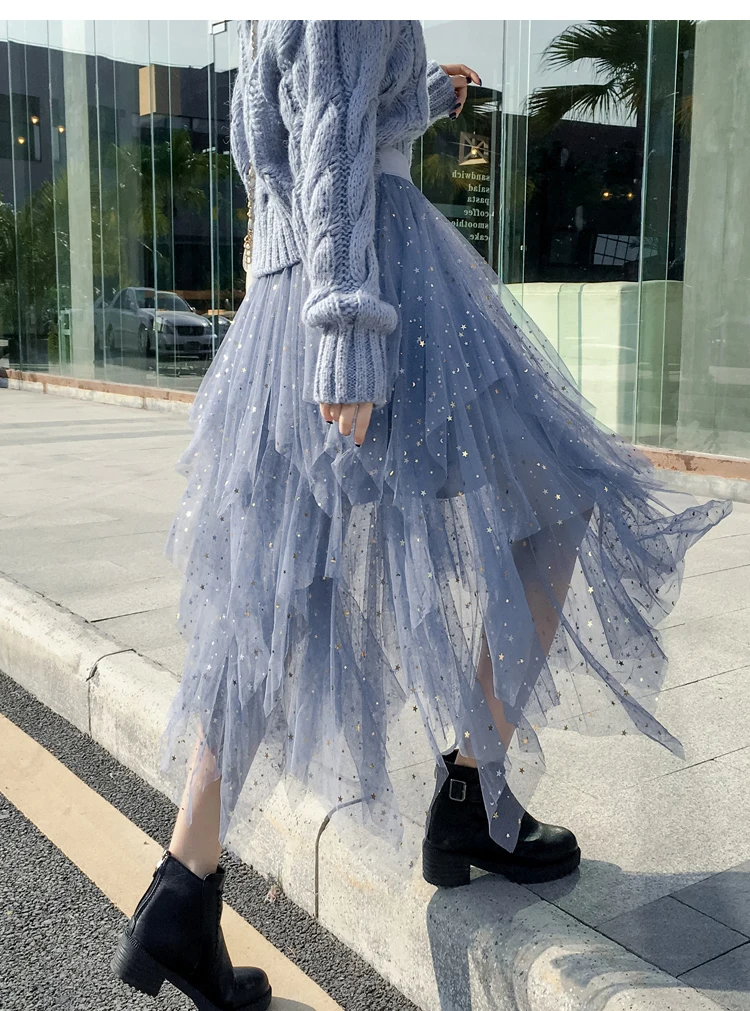 Women's Skirts Summer 2020 New Korean Stars Sequin Elegant High Waist A-line Pleated Elastic Belt School Spring Midi Skirt Femme