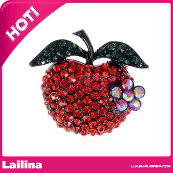 

100pcs/lot Red Crystal Rhinestone Fruit With Green Leaves Pin Brooch