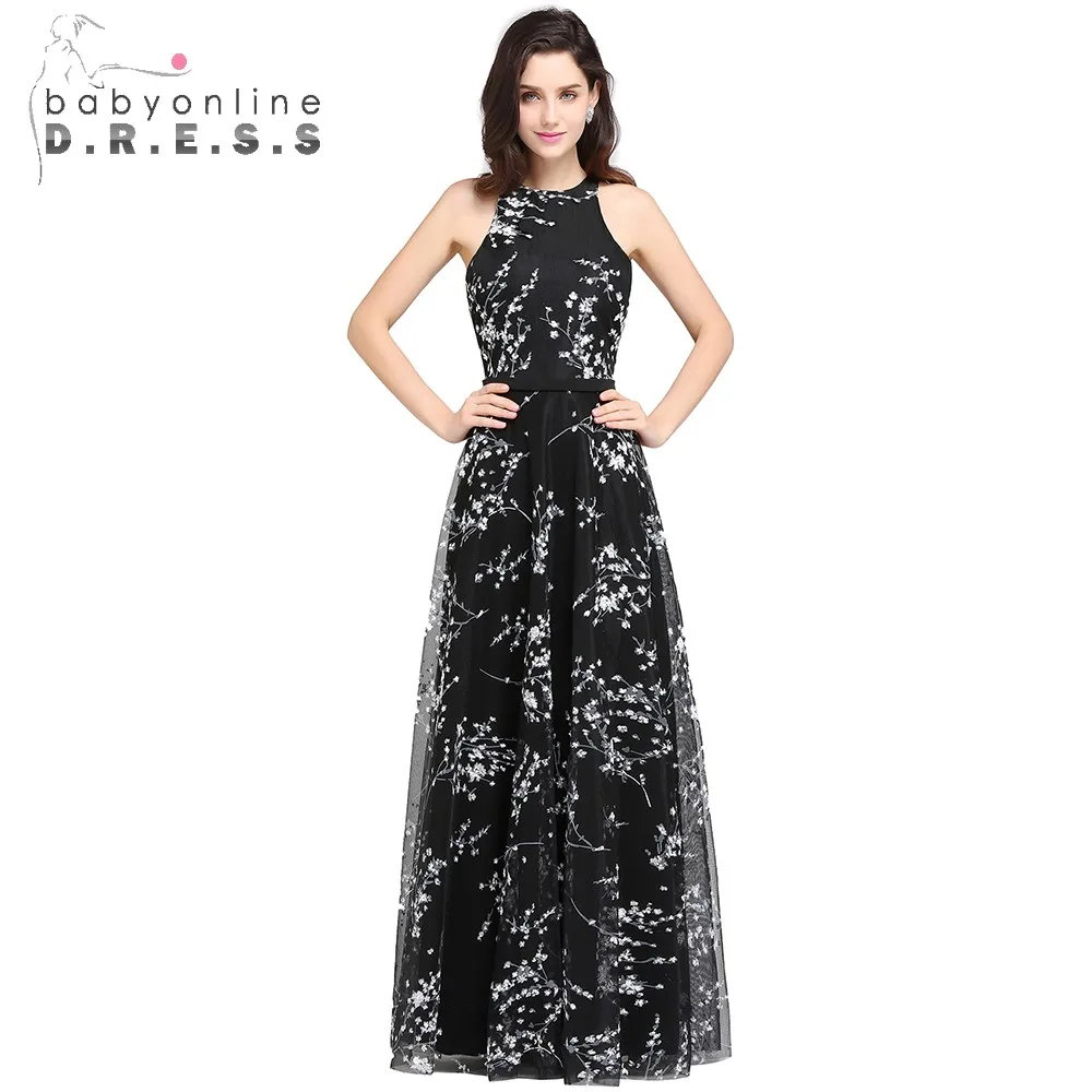 A line черный длинные вечерние платья 2017 цветочные o шеи zipper up длина пола|floral evening