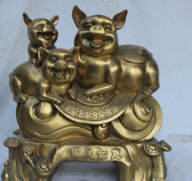 ZSR 1012+++++14" China Folk Feng Shui Brass Farm Livestock Pig Family Ru Yi Statue Sculpture