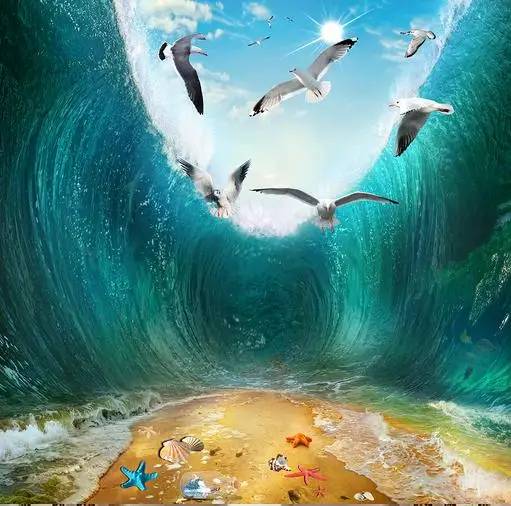 

Custom Photo Floor Wallpaper 3D Floor Surf beach seabirds PVC Wallpaper LivingRoom Bathroom Self-adhesive Floor Wallpaper