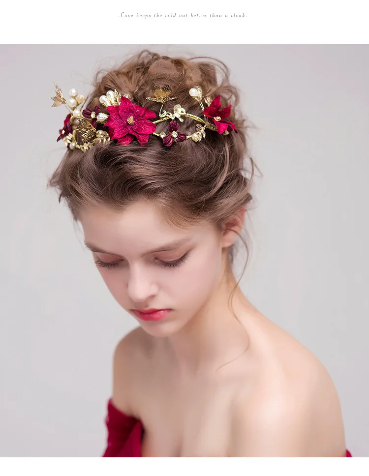 Свадебные аксессуары для волос, золотой ободок с бабочкой, тиара, корона, красная роза, цветок, жемчуг, украшение для волос, украшение для женщин, повязка на голову