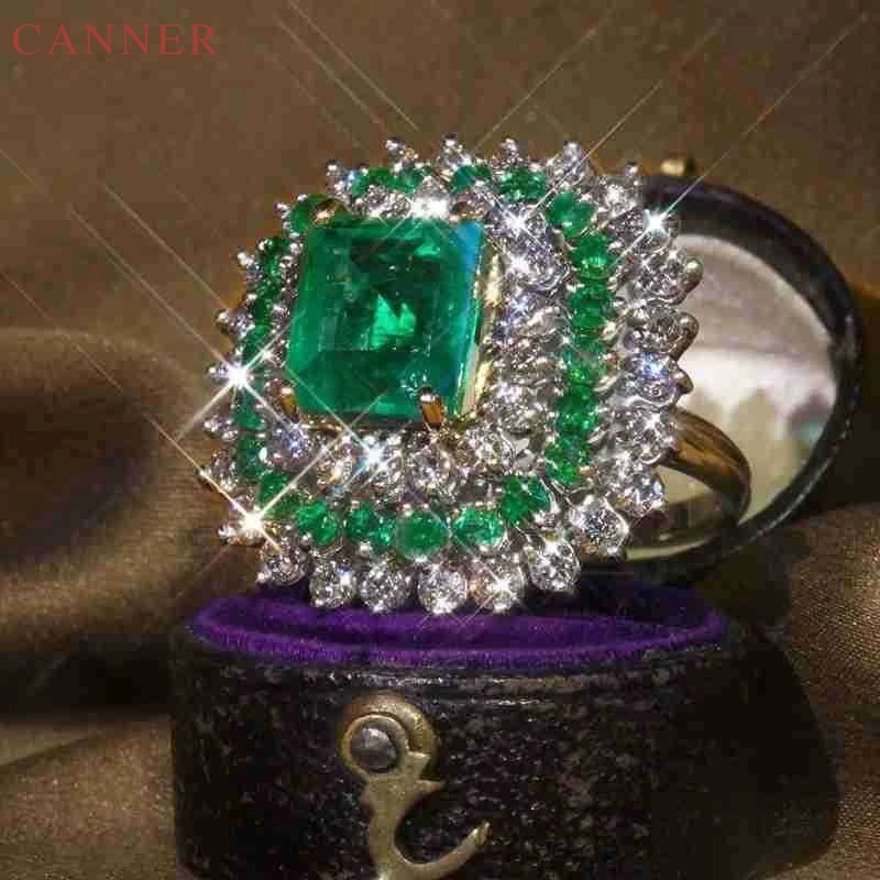 Big Square Crystal Green Stone Rings for Women Silver Color Zircon Wedding Party Ring Fashion Jewelry Engagement Gifts C40