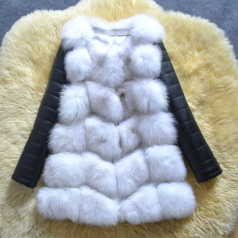 Новая высокая имитация silver fox шуба ПУ рукава теплая зима пальто лиса пальто больших ярдов пальто - Цвет: Белый