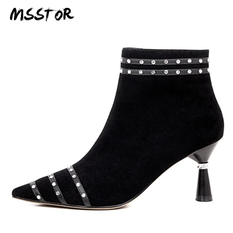 

MSSTOR Crystal Pointed Toe Black Boots Sexy Kid Suede Elegant Fashion Plush Shoes Woman Winter Strange Style Women Boots 2018