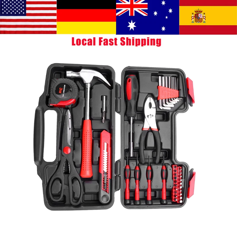 

38Pcs/Set Home Hand Tool Kit W/ Box Hammer Pliers Scissors Trim Removal Repair tool Set DIY Household Multi Hand Tools Hot Sale