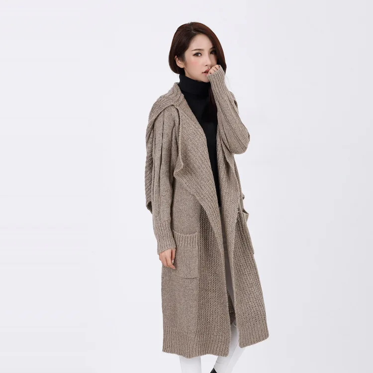 Mode bleu Col Femmes Chandails vêtements Trench Lâche Écharpe Femme Long Cardigans Tricot Chic 2016 Manteau noir Épais Avec Automne Beige Casual pRZqnOPf