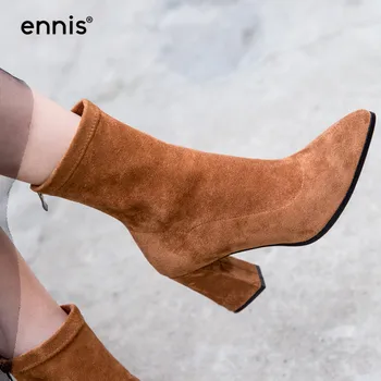 

ENNIS 2019 Fashion Autumn Winter Mid Calf Boots Women Pointed Toe Stretch Boots Flock Super High Heels Boots Back Zip Shoes A895