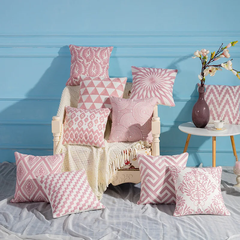 

Home Decor Embroidered Cushion Cover Pink/White Geometric Floral Canvas Cotton Suqare Embroidery Pillow Cover 45x45cm