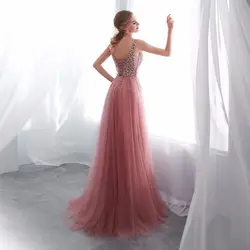 Бисероплетение Блестки Тюль a line v-образным вырезом оптовая продажа пыльно-розовые вечерние платья