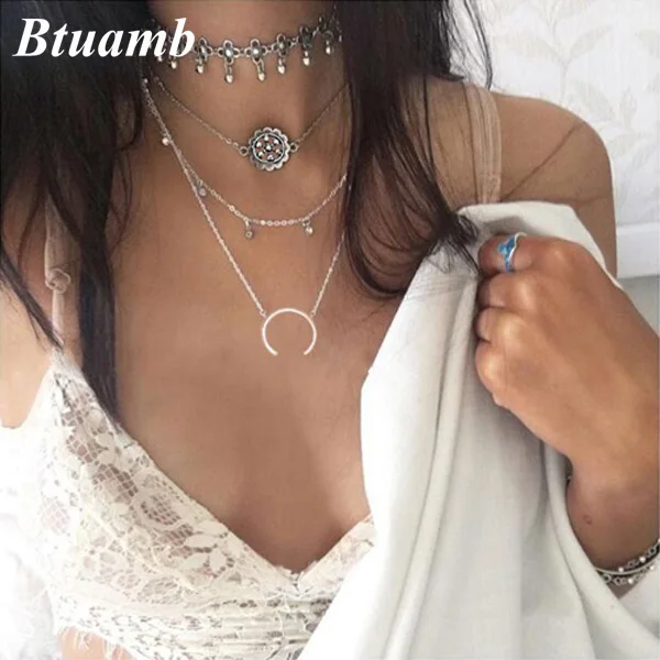 Btuamb Винтаж бохо цветок любви сердце кисточкой ожерелья нескольких элемент луны и
