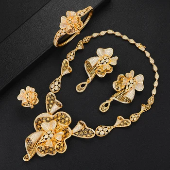 

GODKI Luxury Flower Nigerian Charms Jewelry sets For Women Wedding Cubic Zircon CZ Dubai Gold Bridal Jewelry Set 2019
