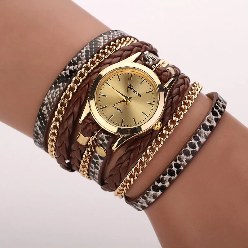 Новинка, хорошее качество, модные женские часы, люксовый бренд, женский браслет с леопардовым принтом, кварцевые плетеные наручные часы с обмоткой - Цвет: Коричневый