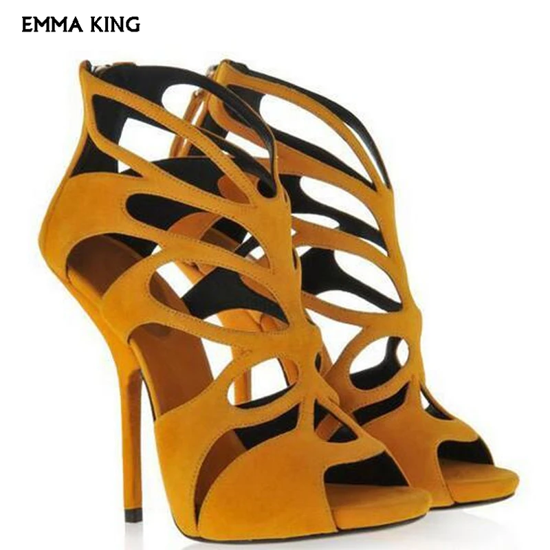 

Fashion Cut-Out Suede Summer Gladiator Women Sandals Red /Yellow /Black Cage Sandalias mujer Stiletto Heels Party Shoes Woman