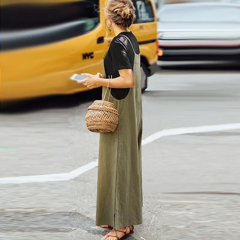 Women Cotton Linen Jumpsuits Casual Loose Solid Straps