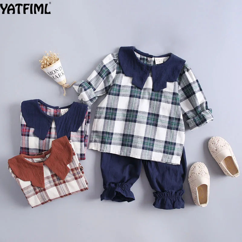 

YATFIML 2019 Spring Autumn Leisure suit kids Plaid Top Wear+Pants for girls outfits long sleeve Japanese style