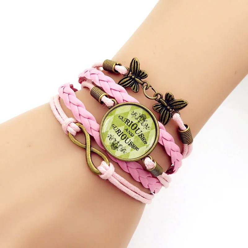 

Alice in Wonderland Vintage Jewelry Multilayer Glass convex combinatio Handmade Knitted Leather bracelet Fashion Accessories