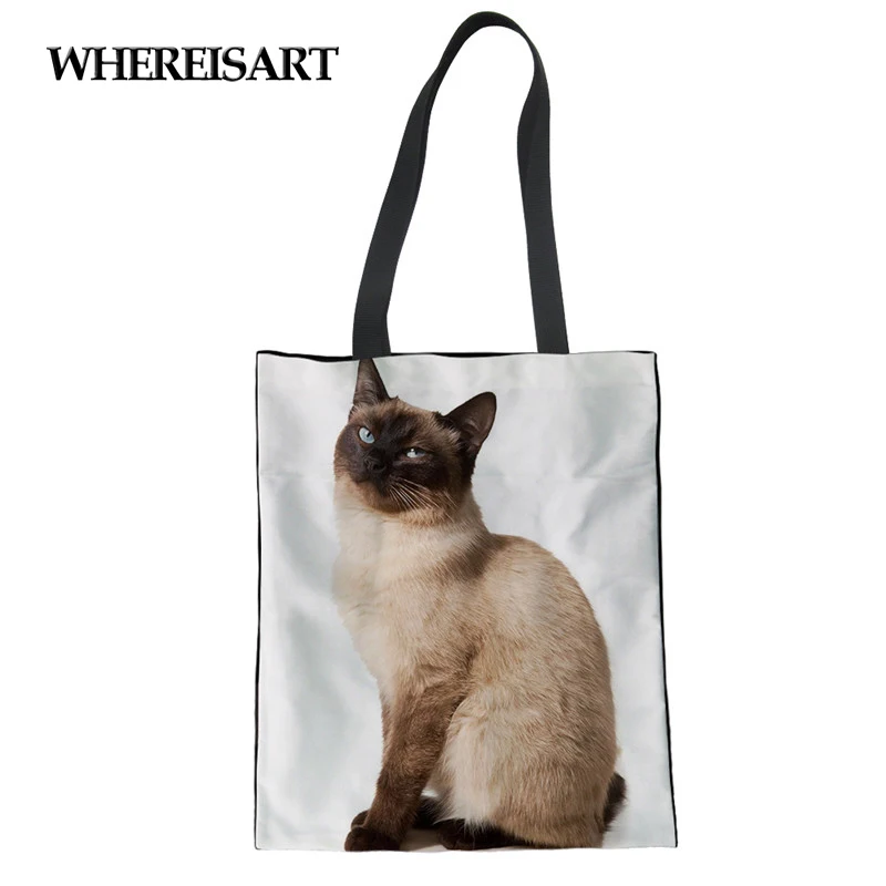 

WHEREISART Colorful Shopping Bag Saco Compras Animal Siamese Cat Women Handbags Canvas Cotton Shopping Bags Hand Linen Shoulder