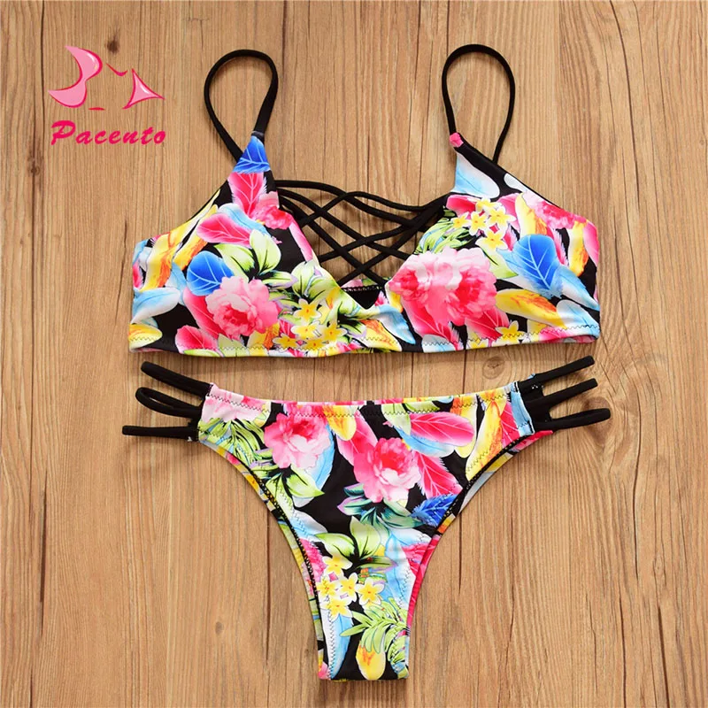 New Bandage Bikini Summer Floral Swimsuit Women Mesh Bikini Halter Swimwear Female Bathing Suit