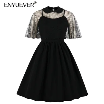 

Enyuever Women Black Dress 2019 Mesh Cape Robe Pin Up Retro Peter Pan Collar Swing Midi Vestidos Casual Vintage Dress Streetwear