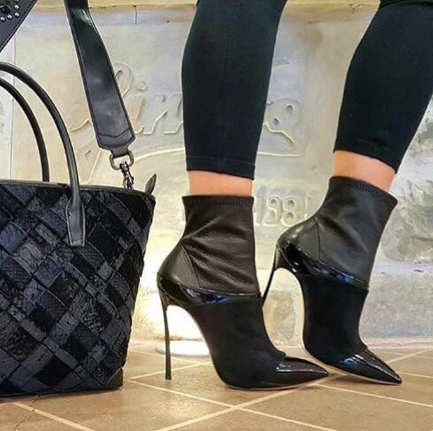

Ladies Blade Heel Ankle Boots Stretch Leather Slip On Women Sexy Boots New Fashion Black Patent Leather Patchwork Party Boots