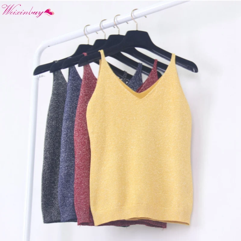 

WEIXINBUY Sexy Women Fashion Summer Icecream Camisole Bruiser Crop Top Glittering Knitting Vest V-Neck Blouse Casual Tank Tops
