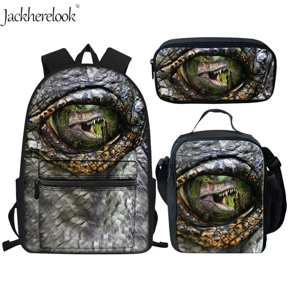 Jackhereook крутой T-rex динозавр школьные сумки комплект из 3 предметов большой холщовый рюкзак для подростков мальчиков рюкзак для студентов с коробкой для ланча пенал - Цвет: CC3137Z58-G-K