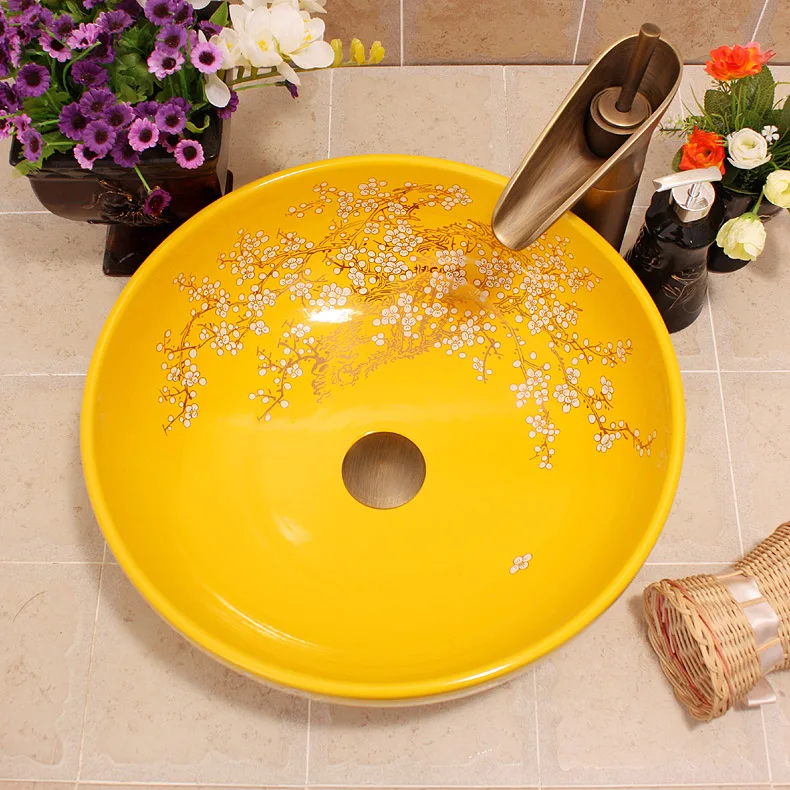 China Artistic Handmade Engraving Ceramic Lavobo Round Countertop size of wash basin plum blossom painting white (5)