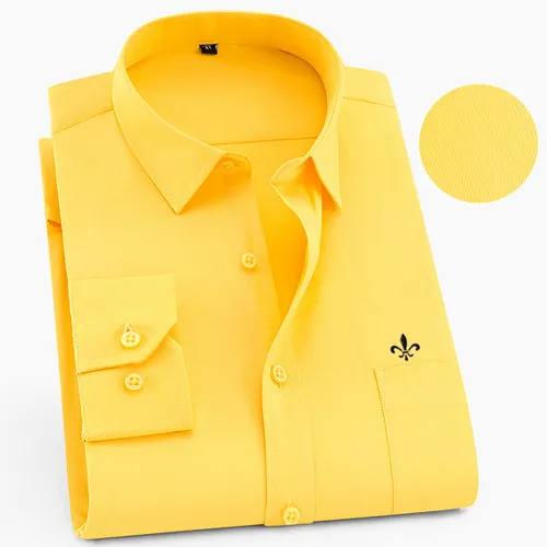 1-510YELLOW-X Мужская рубашка с длинным рукавом Camisa Social Masculina, классические мужские рубашки, официальная деловая рубашка с вышитым логотипом - Цвет: 1-510YELLOW-X