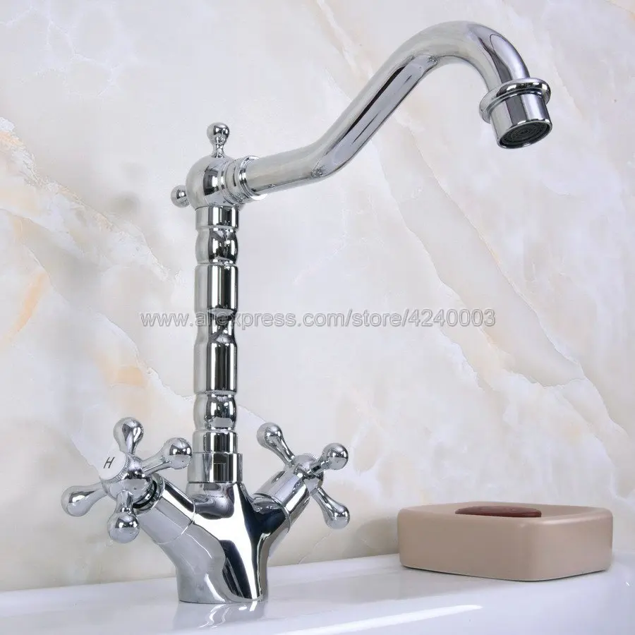 

Polished Chrome Swivel Spout Bathroom Dual Handle Basin Sink Faucet Single Hole Mixer Taps Knf919