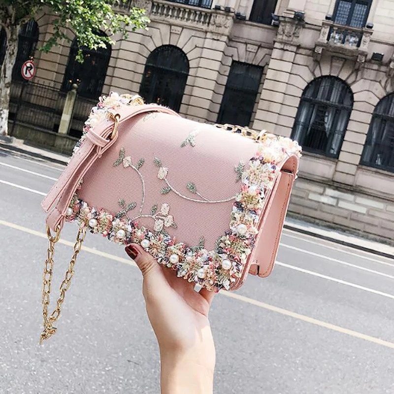 

Flowers Women bag 2018 New handbag High quality PU Leather Sweet Girl Square bag Flower Pearl Chain Shoulder Messenger Bag hot