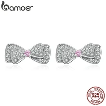 BAMOER,, серьги-гвоздики из натуральной 925 пробы серебра с розовым фианитом и бантом для женщин, хорошее ювелирное изделие, SCE092