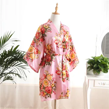 

Plus Size Wedding Bride Bridesmaid Dressing Pink Women's Faux Silk Kimono Mini Robe Bath Gown Nightgown Sleepshirts Sleepwear