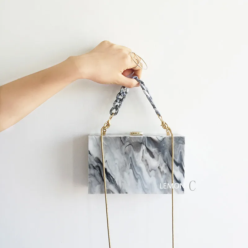 

New Acrylic Clutch Box Women Evening Bag Wedding Bag White Marble Color Ink Print With Clear Ball Clasp Acrylic Chain