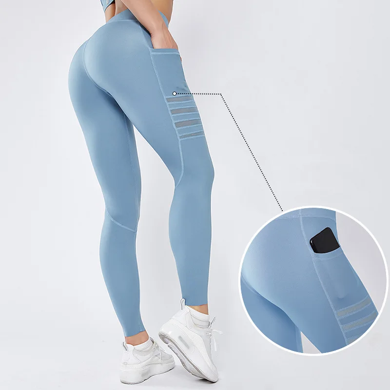 

Drop shipping high waisted tummy control 4 way stretch hem-less fabric elastic female gym mesh pocket sports yoga pants
