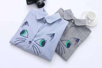 

plus size spring autumn new cat cute sweet female striped bunny embroidered long-sleeved shirt