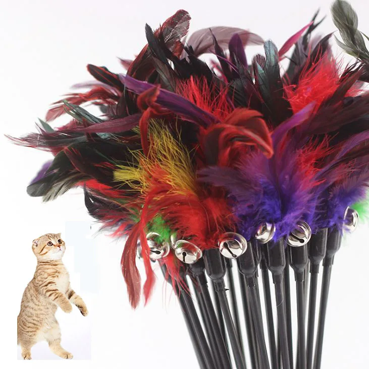 

1PCS Hot Sale Cat Toys Make A Cat Stick Feather With Small Bell Natural Like Birds Random Color Black Coloured Pole