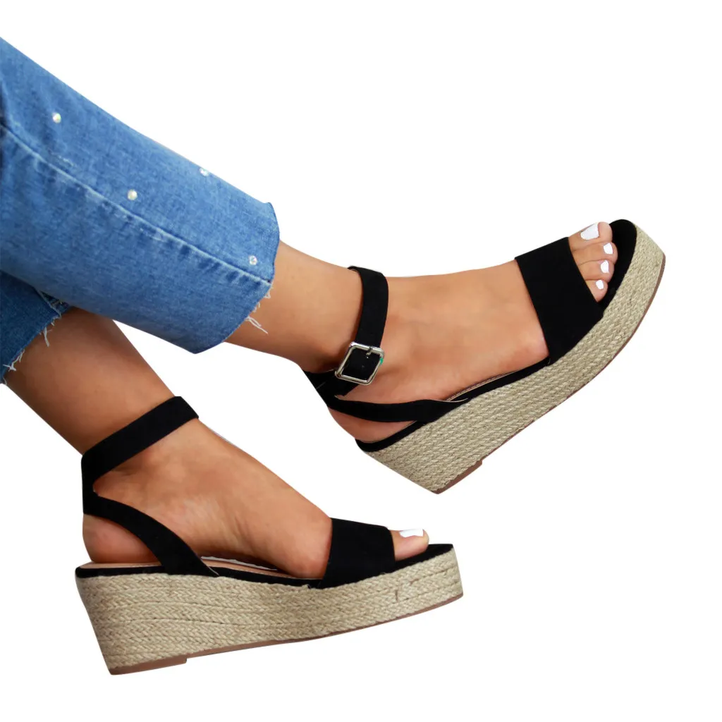 

YOUYEDIAN Women Shoes Sandals 2019 Ladies Wedge Platform Leopard Strap Buckle Platform Wedges Woven Sandals Roman Shoes#g3