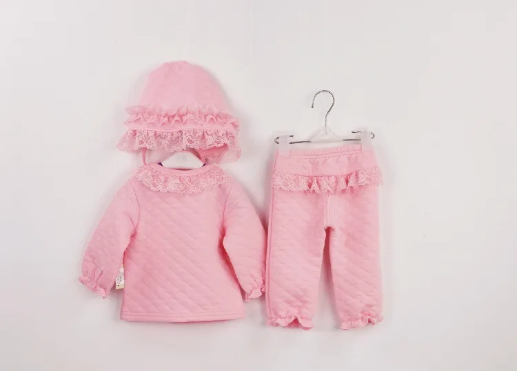 Зимнее кружевное платье для новорожденных девочек, комбинезон, утепленная хлопковая теплая шапка+ рубашка+ штаны, комплект из 3 предметов, Одежда для новорожденных от 0 до 12 месяцев