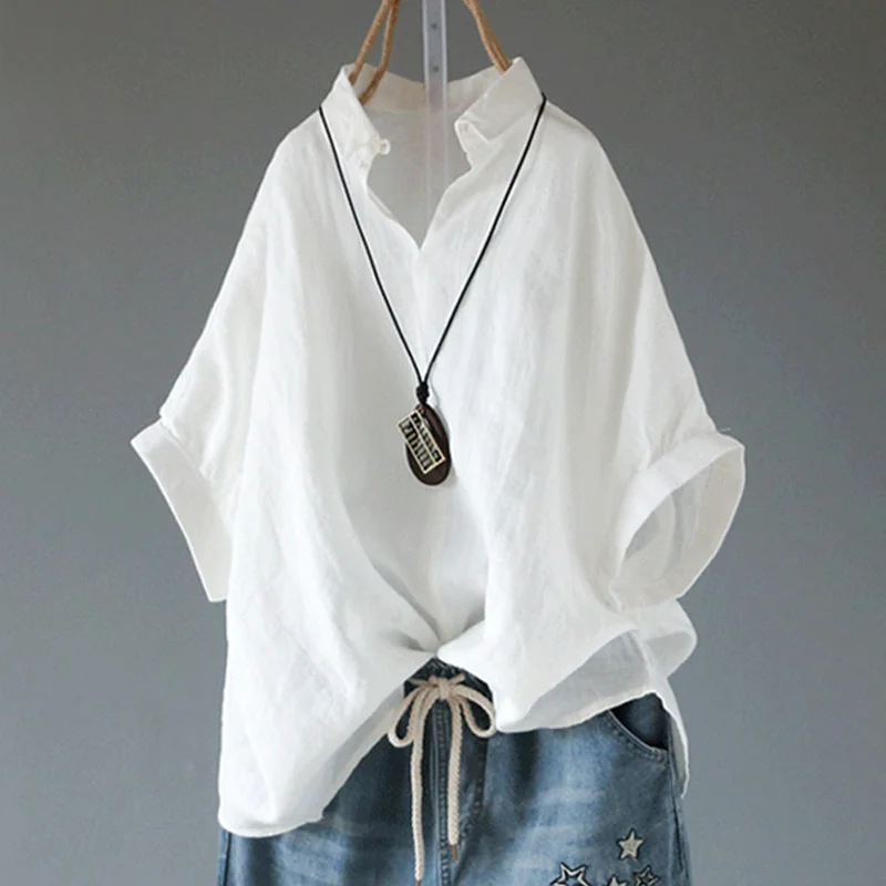 

Women's White Cotton Linen Batwing Sleeve Shirt Blouses Turn Down Collar Plus Size Loose Female Tops Summer Women Casual Shirts