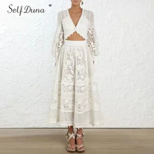 Self Duna летнее женское кружевное платье макси с длинным рукавом Цветочное лоскутное черное белое сексуальное Вечерние женское вечернее длинное платье